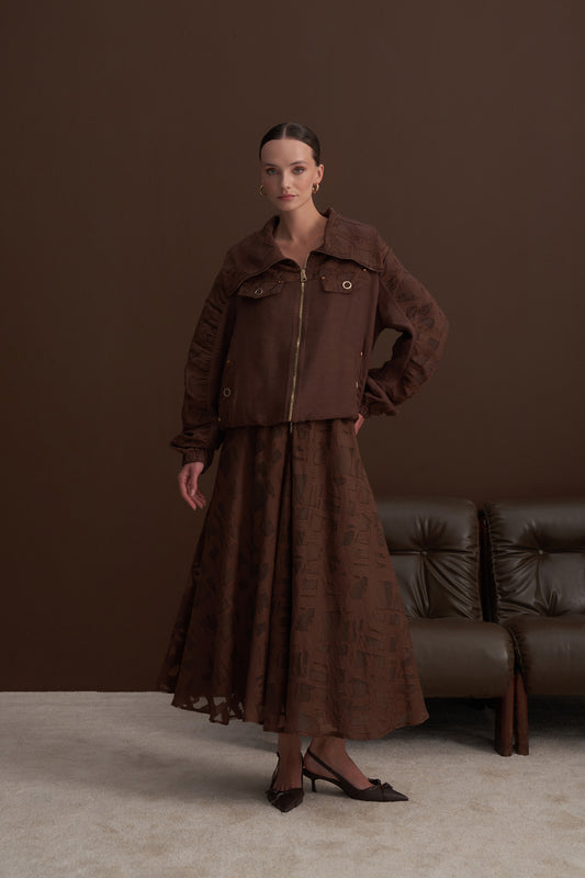 Kol Lastikli Ön Nakış Detaylı Ceket ve  Etekli Takım - Kahve