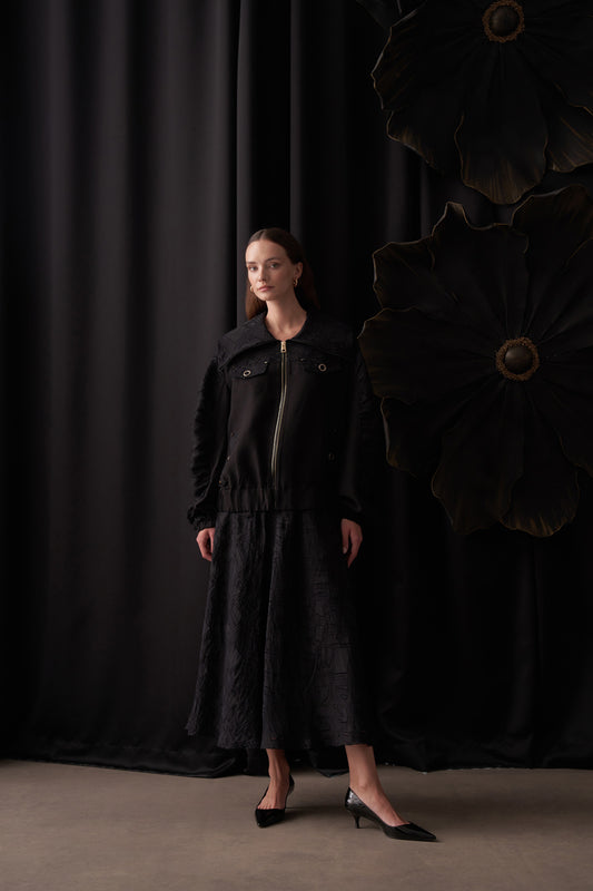 Kol Lastikli Ön Nakış Detaylı Ceket ve  Etekli Takım - Siyah