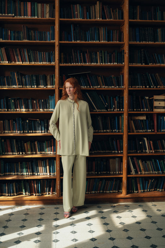 El İşi Taş Desenli Kol Büzgü Detaylı Takım - mimoza