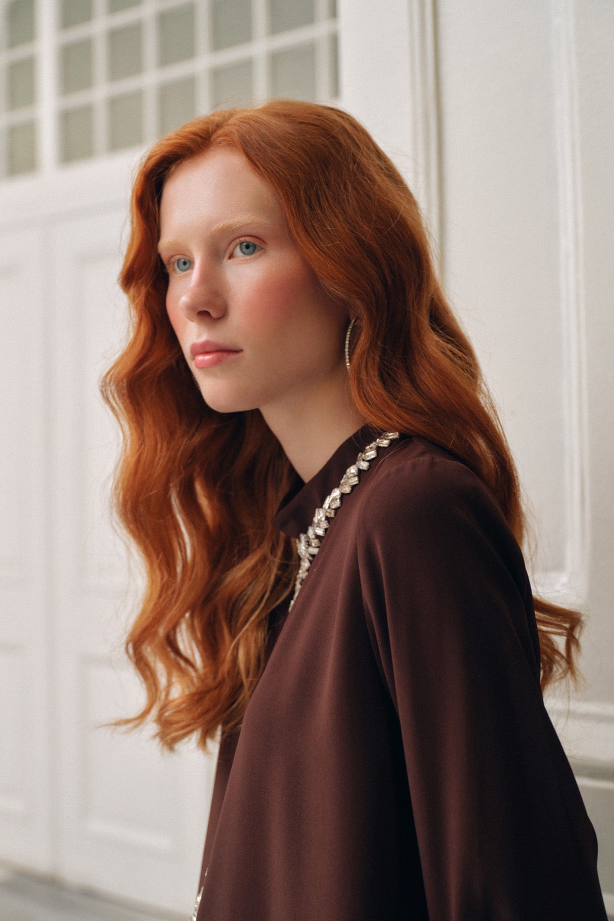 El İşi Taş Desenli Kol Büzgü Detaylı Takım - kahve