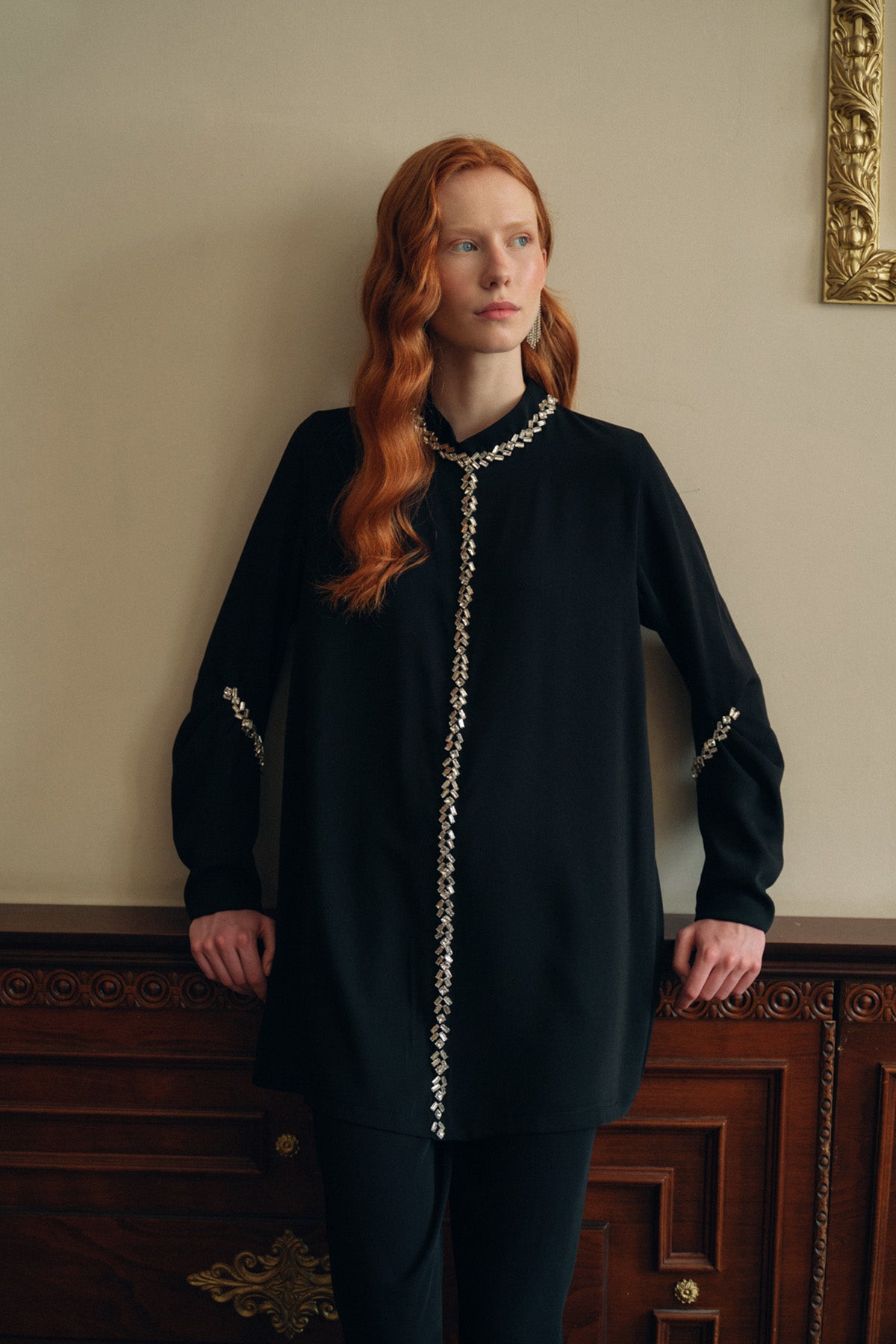 El İşi Taş Desenli Kol Büzgü Detaylı Takım - siyah