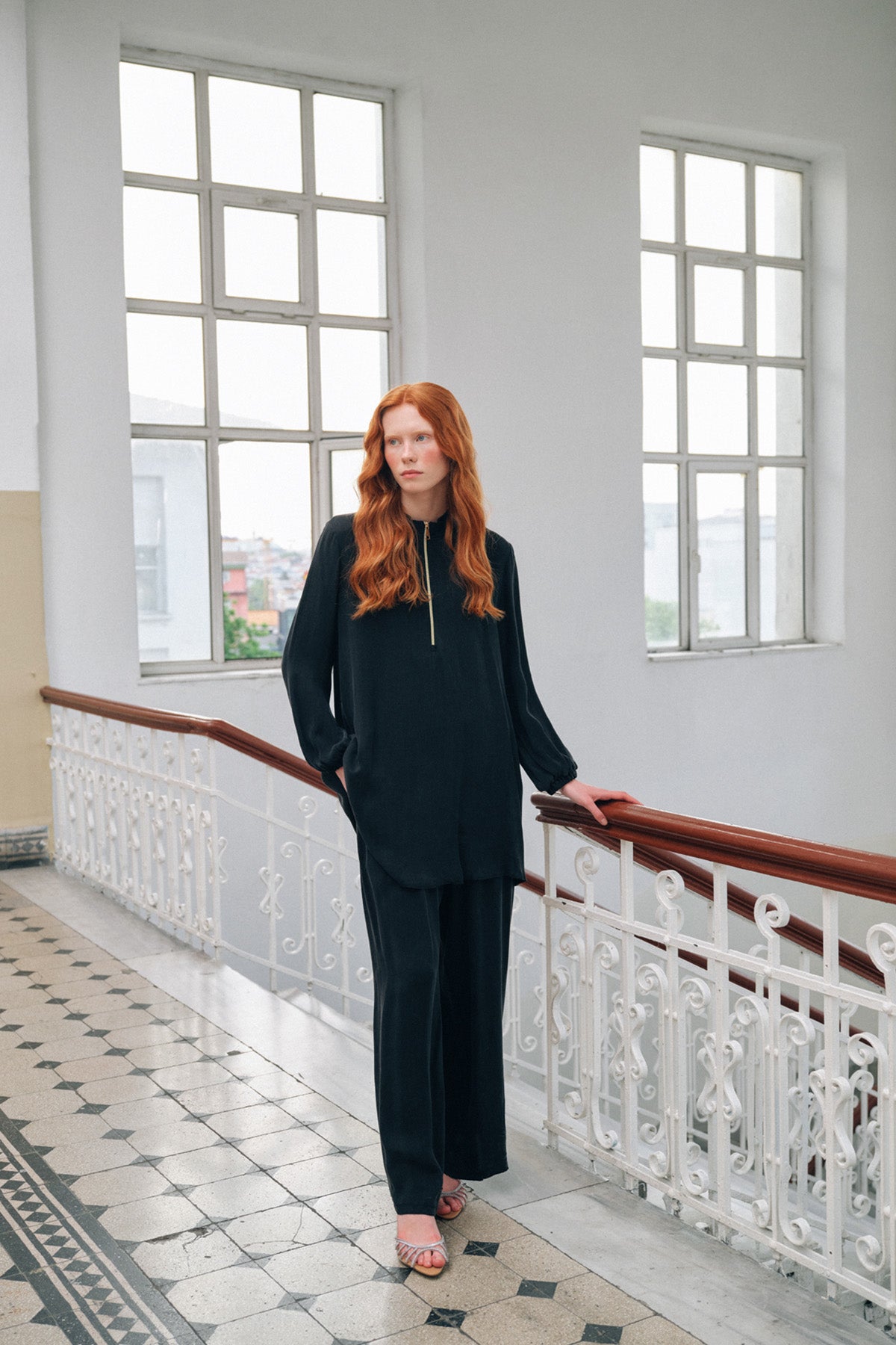 Fermuar Detaylı Kupra Takım - siyah