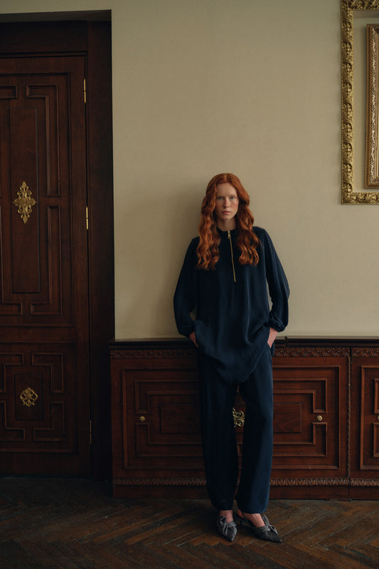 Fermuar Detaylı Kupra Takım - lacivert