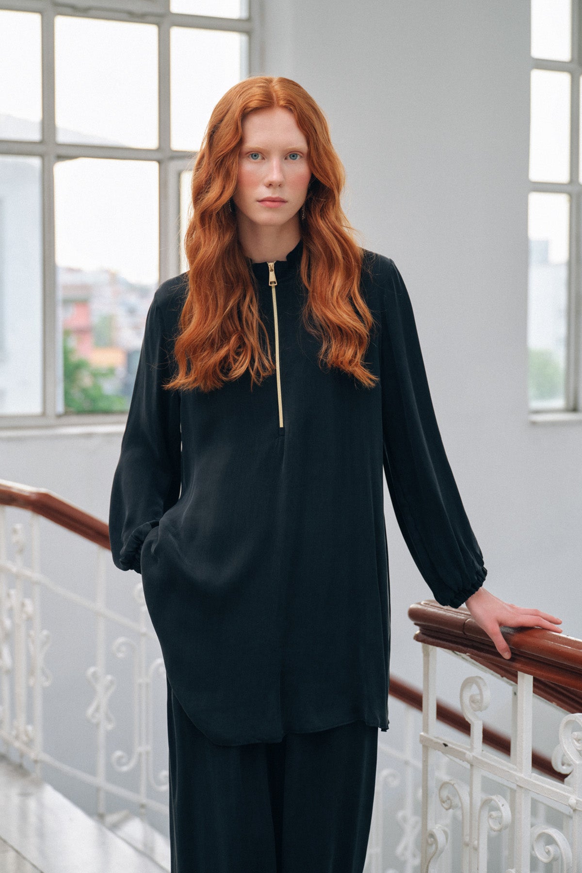 Fermuar Detaylı Kupra Takım - siyah