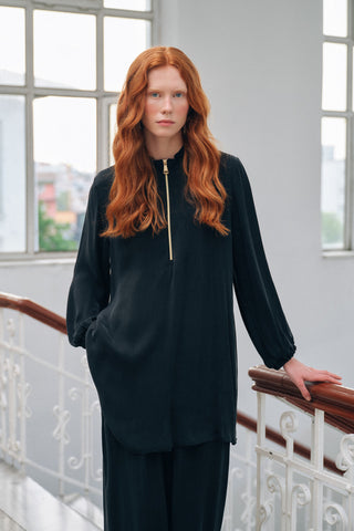 Fermuar Detaylı Kupra Takım - siyah