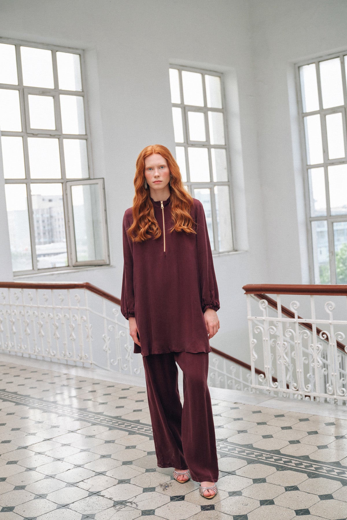 Fermuar Detaylı Kupra Takım - bordo