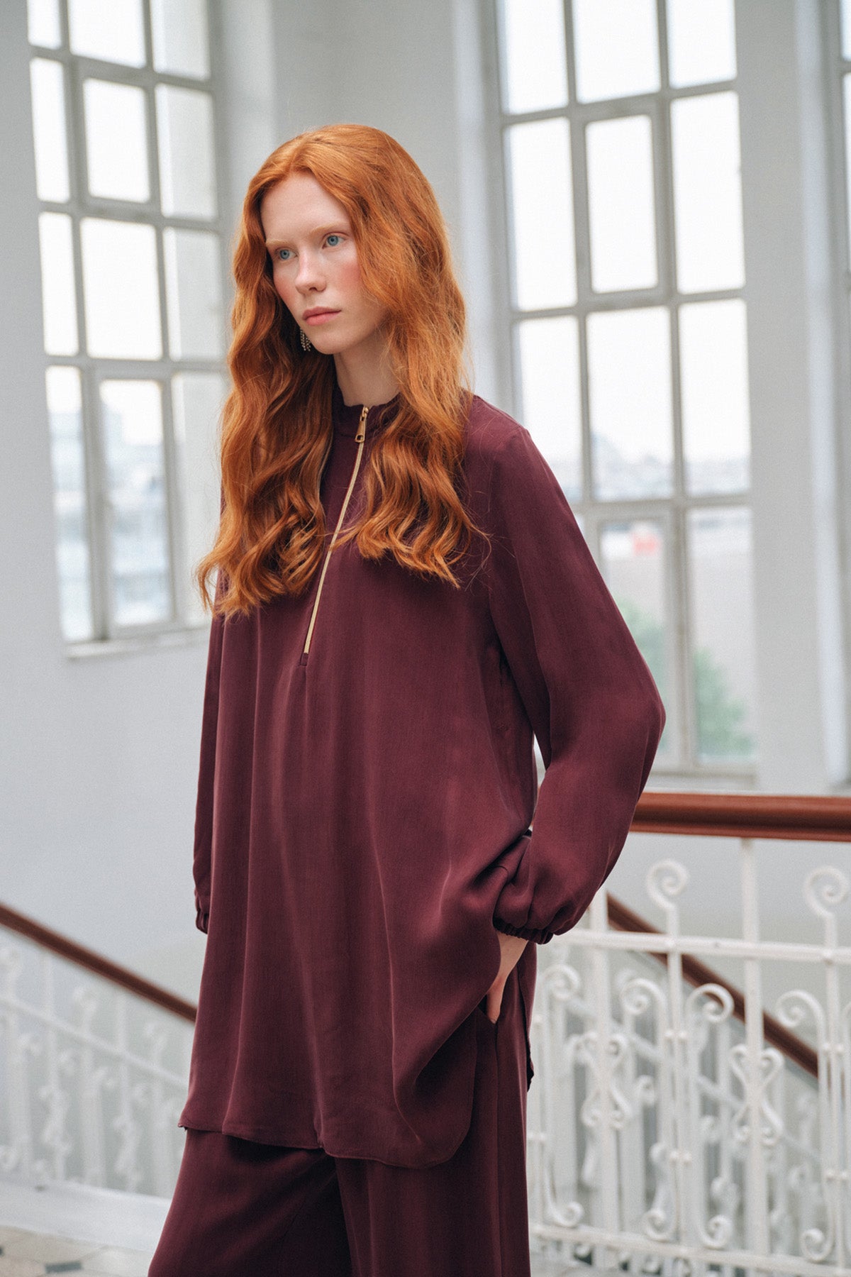 Fermuar Detaylı Kupra Takım - bordo