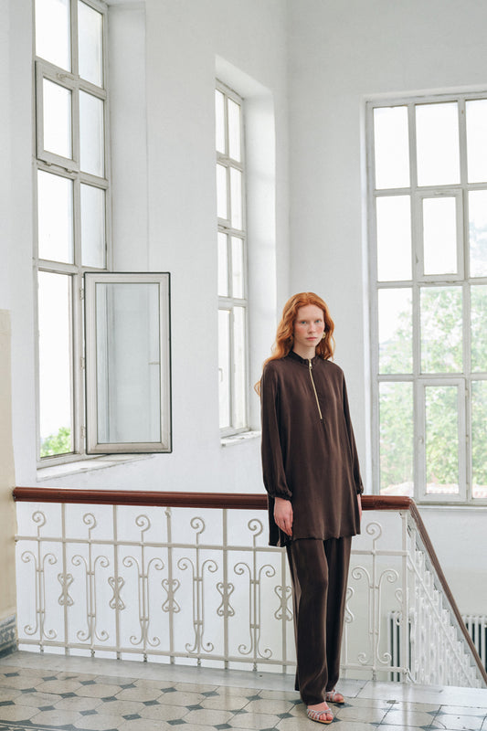 Fermuar Detaylı Kupra Takım - kahve