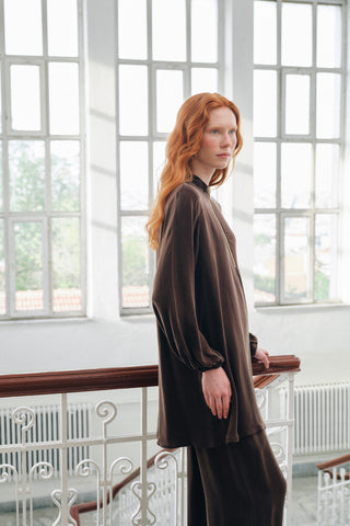 Fermuar Detaylı Kupra Takım - kahve