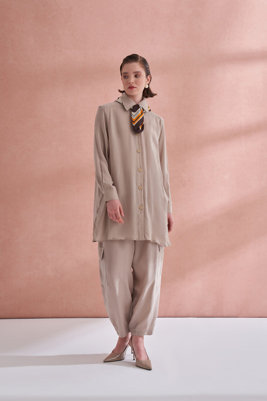 İpek Kupra Cep Detaylı Takım - bej