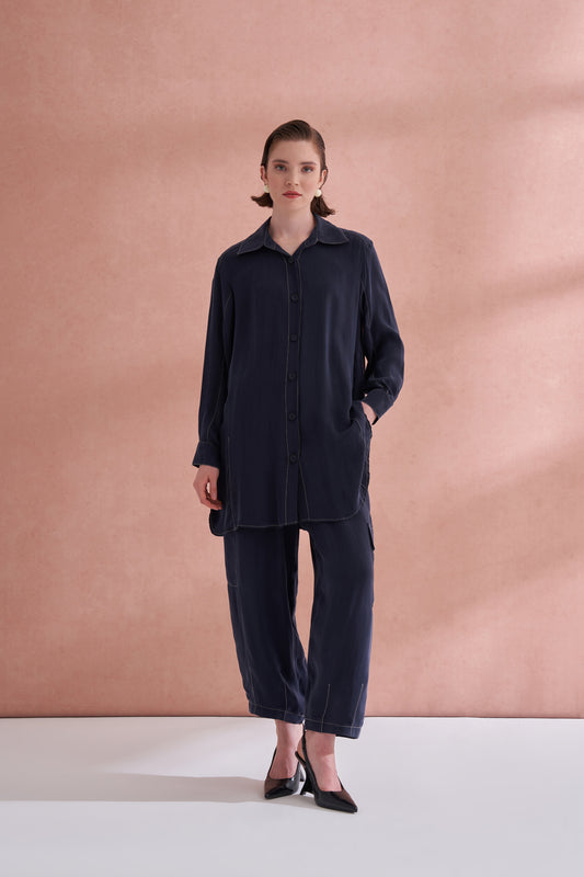 İpek Kupra Cep Detaylı Takım - lacivert