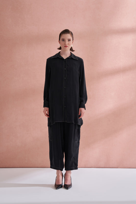 İpek Kupra Cep Detaylı Takım - siyah