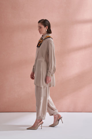 İpek Kupra Cep Detaylı Takım - bej