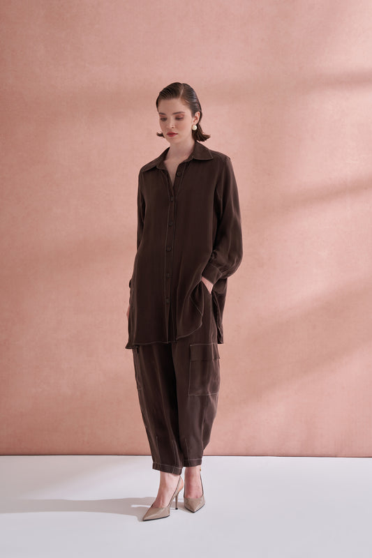 İpek Kupra Cep Detaylı Takım - kahve