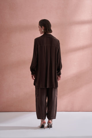 İpek Kupra Cep Detaylı Takım - kahve