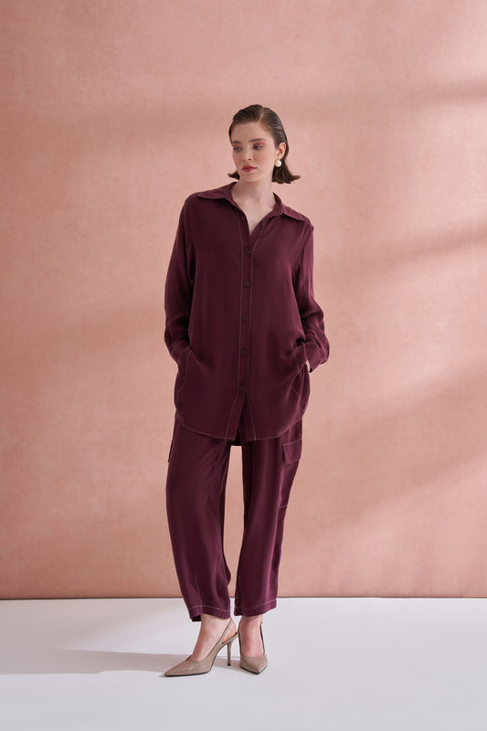 İpek Kupra Cep Detaylı Takım - bordo