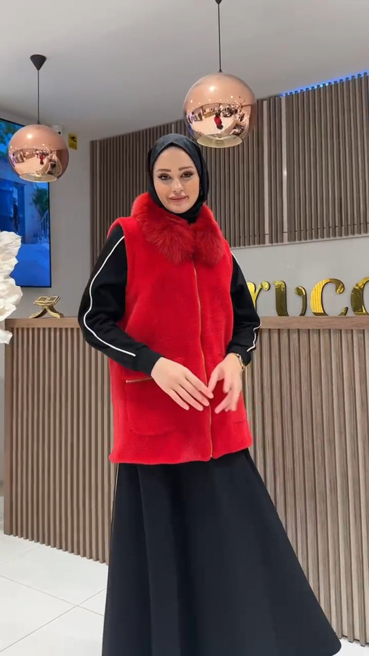 Kürk Yakalı Angora Yelek - kırmızı