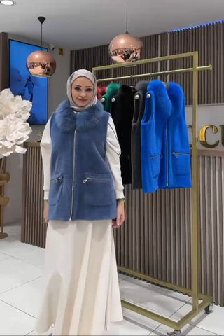 Kürk Yakalı Angora Yelek - mavi