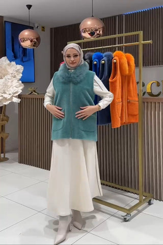 Kürk Yakalı Angora Yelek - mint yeşili