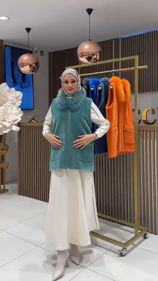 Kürk Yakalı Angora Yelek - mint yeşili