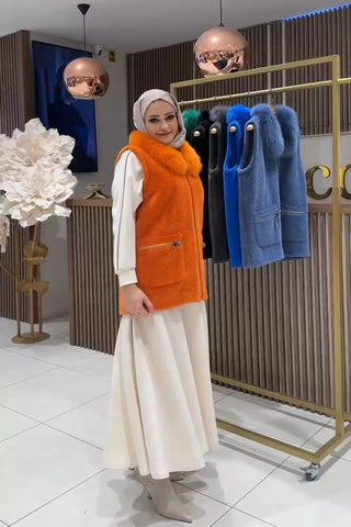 Kürk Yakalı Angora Yelek - orange