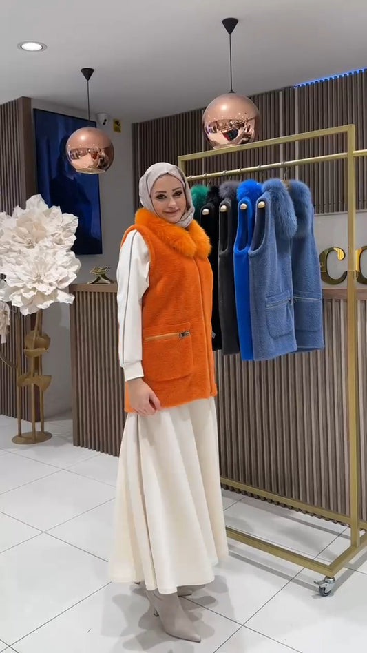 Kürk Yakalı Angora Yelek - orange