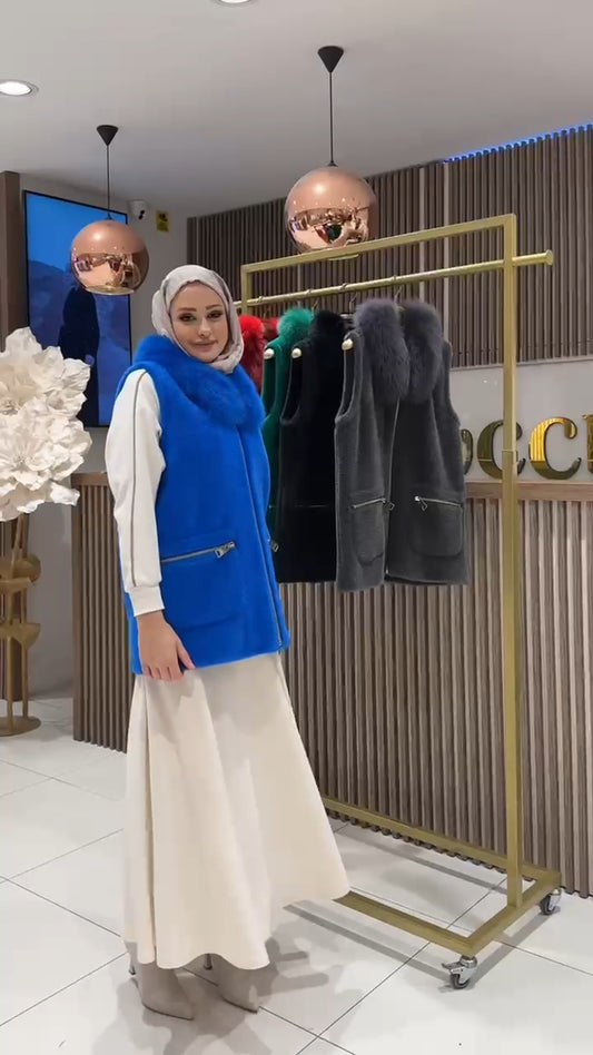 Kürk Yakalı Angora Yelek - saks