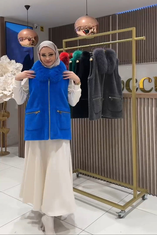 Kürk Yakalı Angora Yelek - saks
