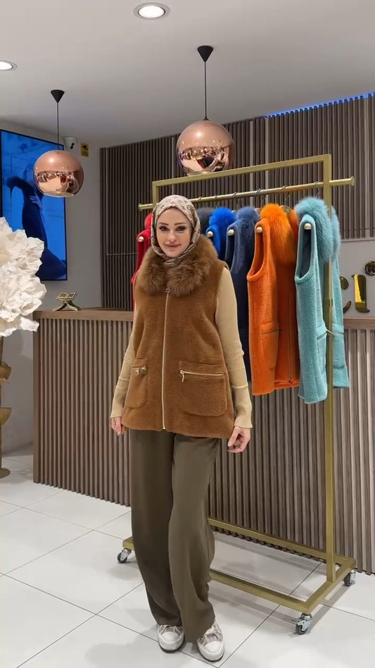 Kürk Yakalı Angora Yelek - taba