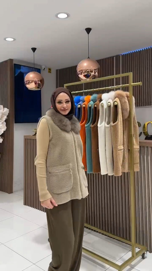 Kürk Yakalı Angora Yelek - vizon