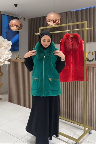 Kürk Yakalı Angora Yelek - yeşil