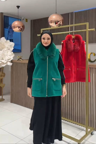 Kürk Yakalı Angora Yelek - yeşil
