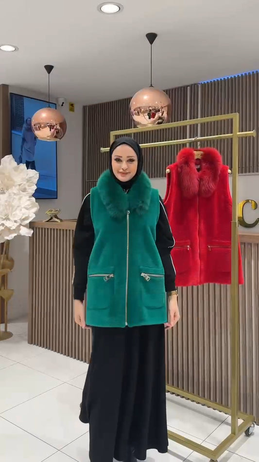 Kürk Yakalı Angora Yelek - yeşil