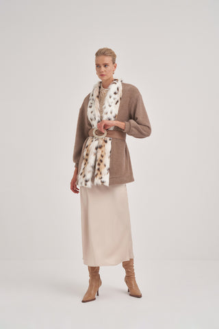 Önü Leopar Kürk Detaylı Kuşaklı Hırka - kahverengi