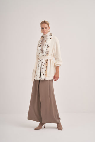 Önü Leopar Kürk Detaylı Kuşaklı Hırka - ekru