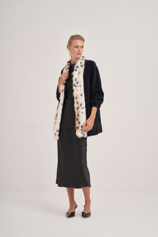 Önü Leopar Kürk Detaylı Kuşaklı Hırka - siyah