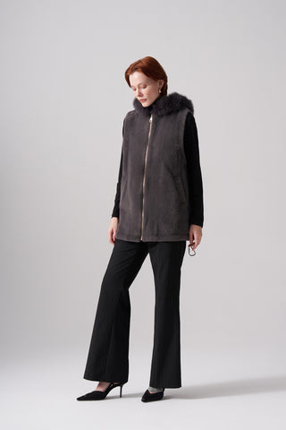 Kapüşonlu Angora Yelek - gri