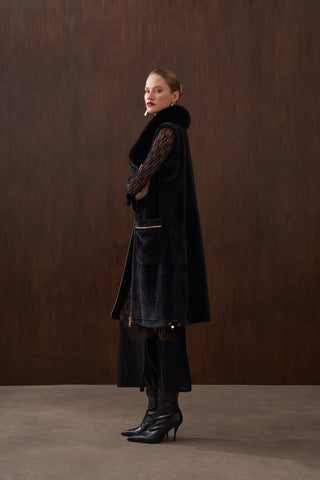 Fermuar ve Kürk Detaylı Angora Yelek - siyah