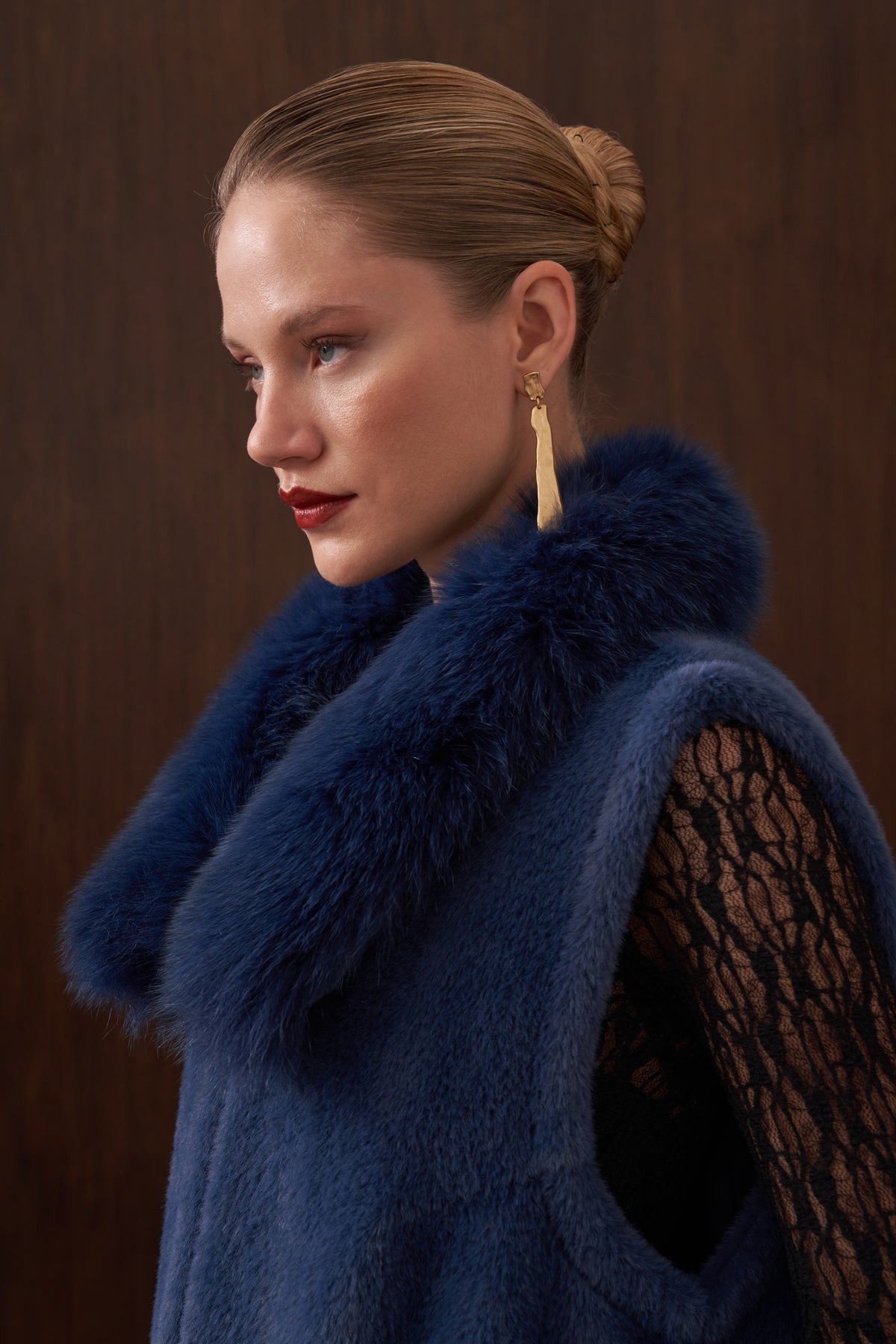 Fermuar ve Kürk Detaylı Angora Yelek - indigo