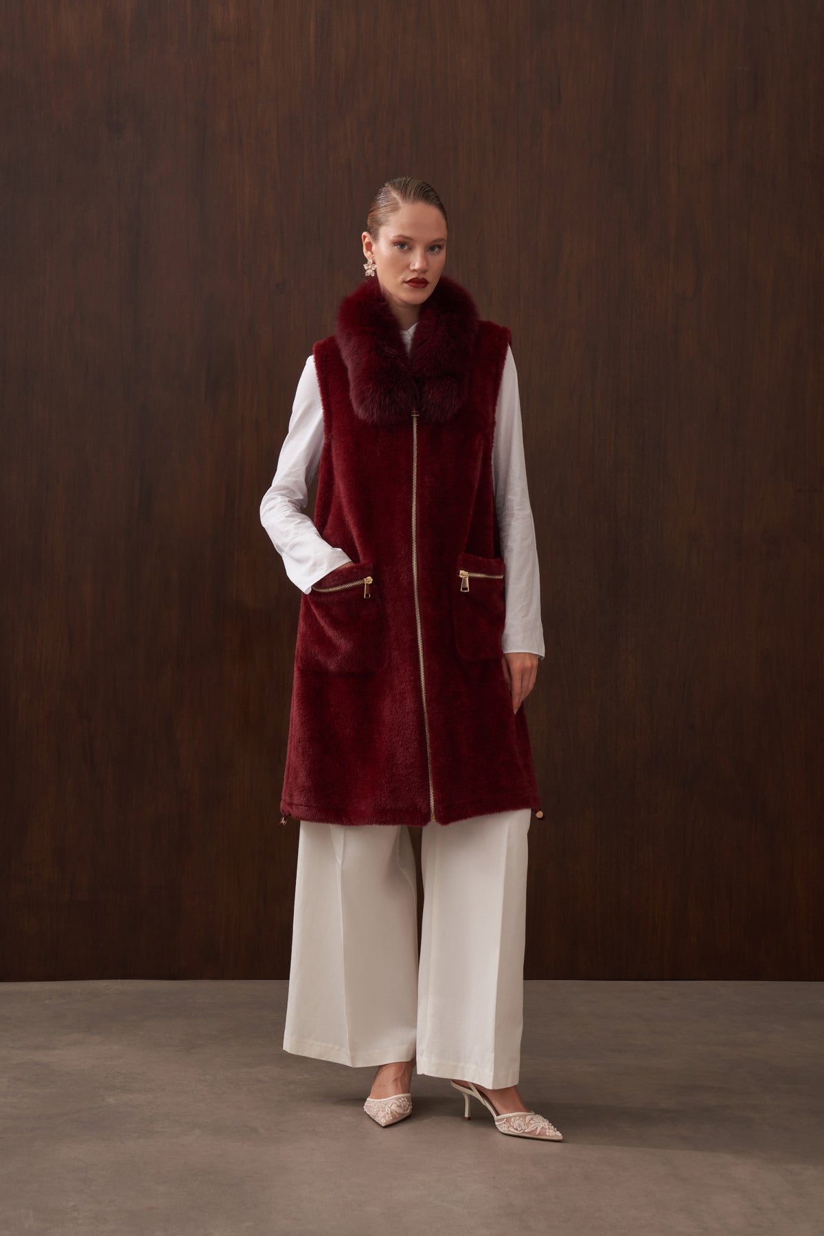 Fermuar ve Kürk Detaylı Angora Yelek - bordo