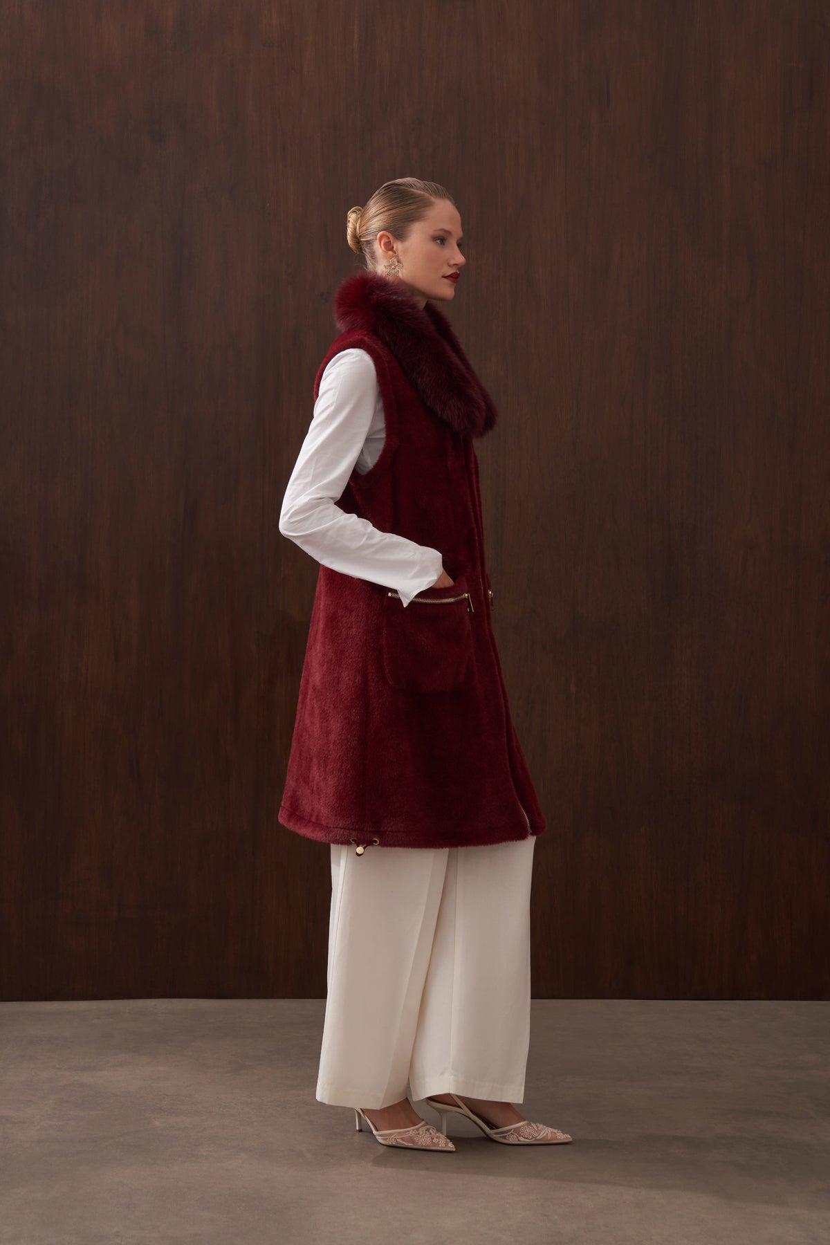 Fermuar ve Kürk Detaylı Angora Yelek - bordo