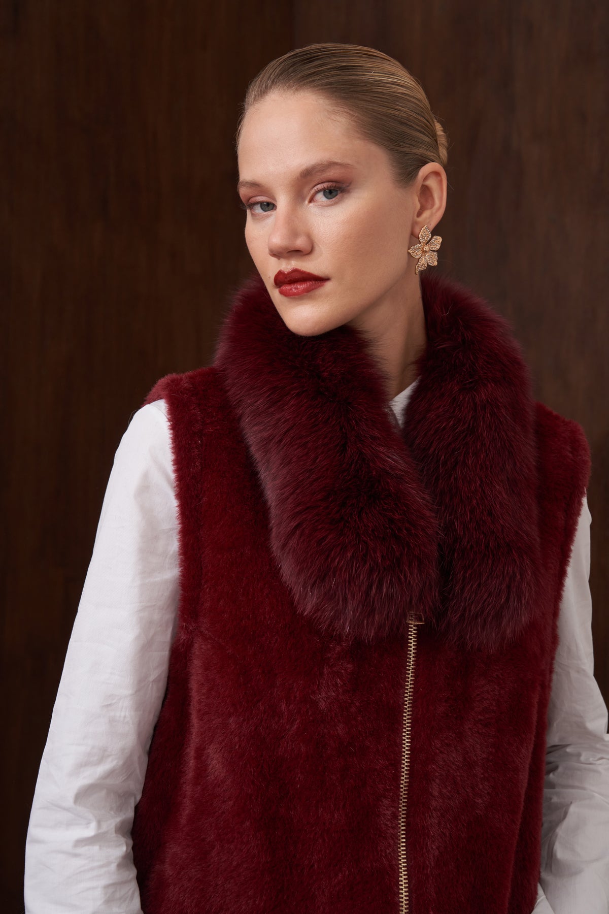 Fermuar ve Kürk Detaylı Angora Yelek - bordo