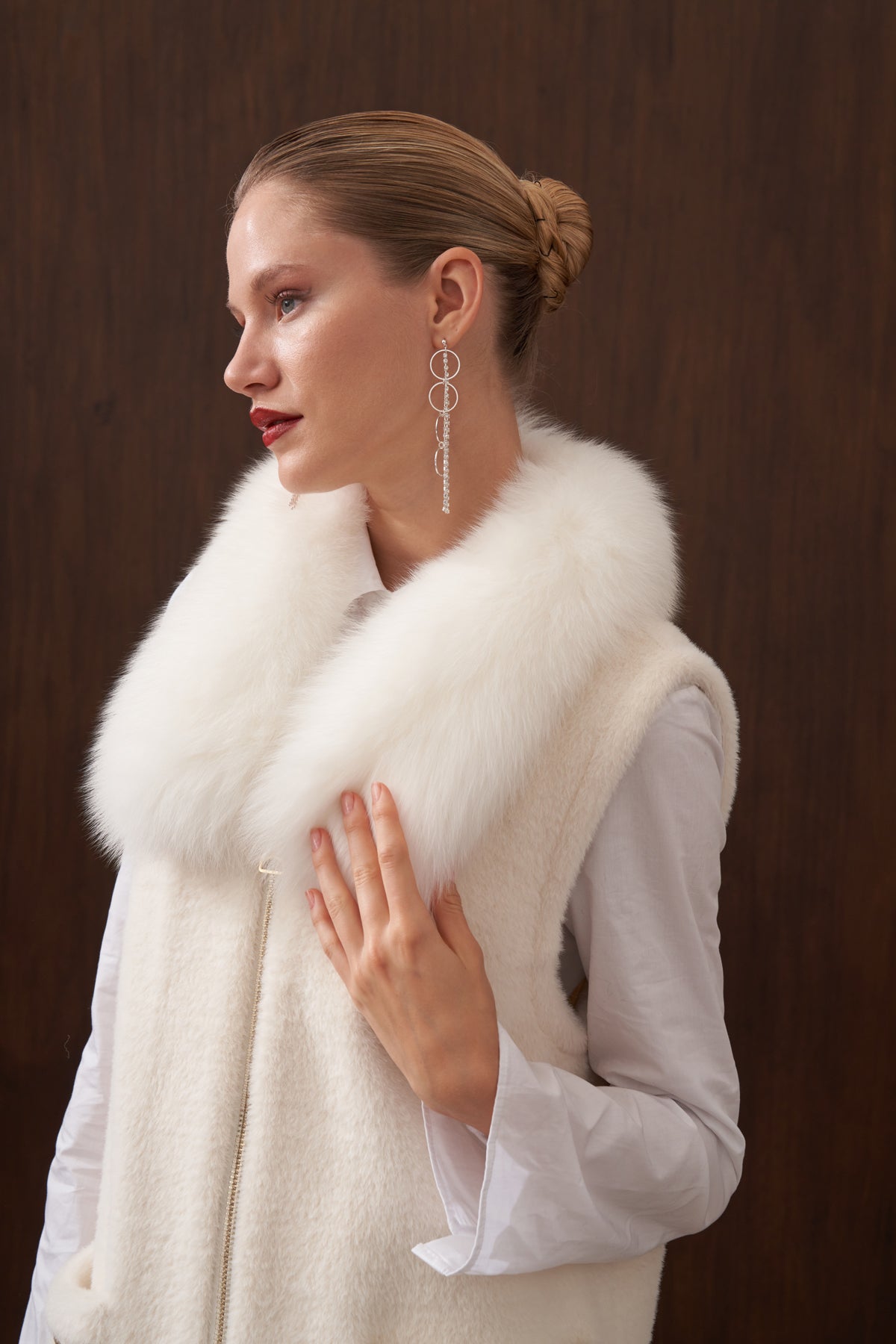 Fermuar ve Kürk Detaylı Angora Yelek - ekru