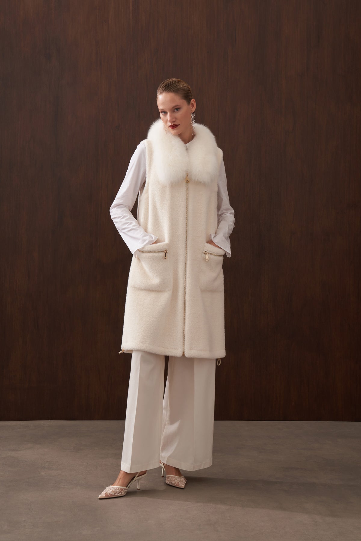 Fermuar ve Kürk Detaylı Angora Yelek - ekru