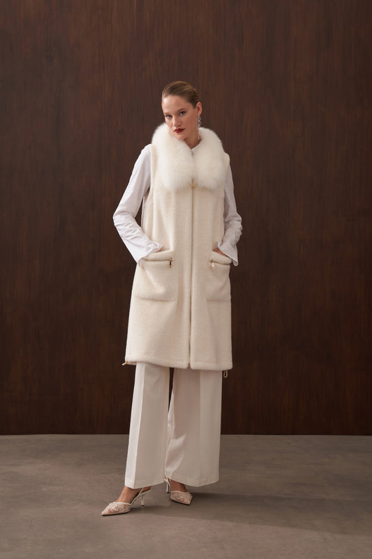 Fermuar ve Kürk Detaylı Angora Yelek - ekru