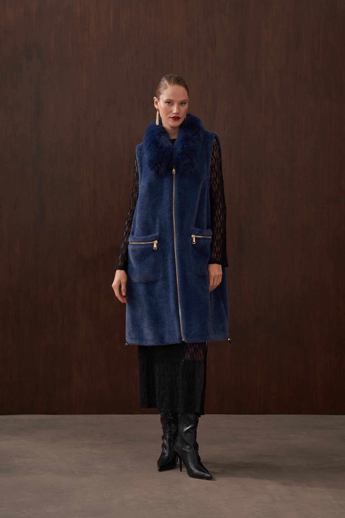 Fermuar ve Kürk Detaylı Angora Yelek - indigo