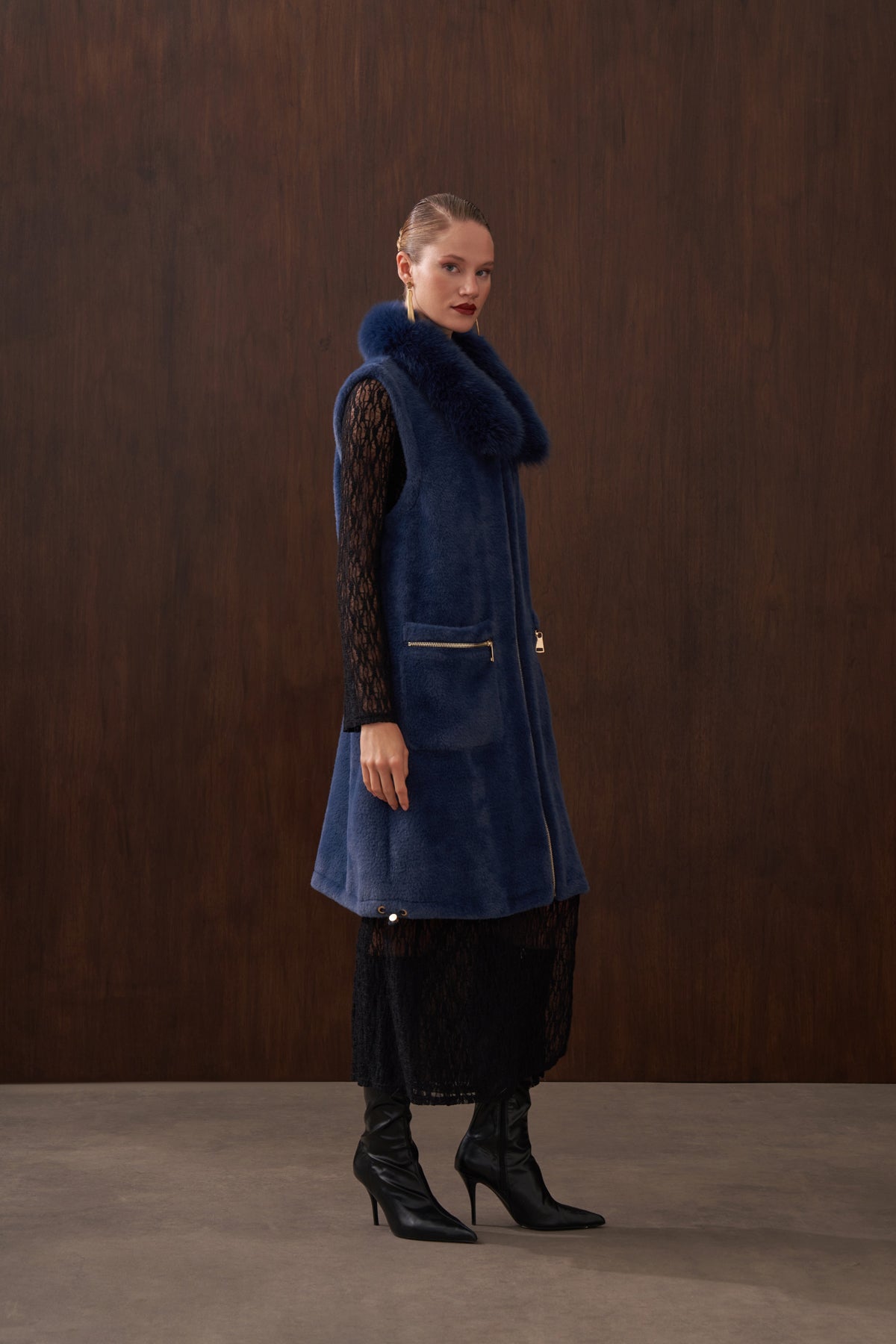 Fermuar ve Kürk Detaylı Angora Yelek - indigo