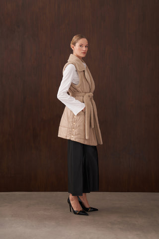 Kapitone ve Angora Kombinli Yelek - koyu bej