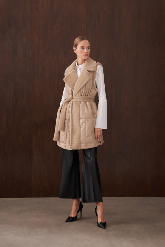 Kapitone ve Angora Kombinli Yelek - koyu bej