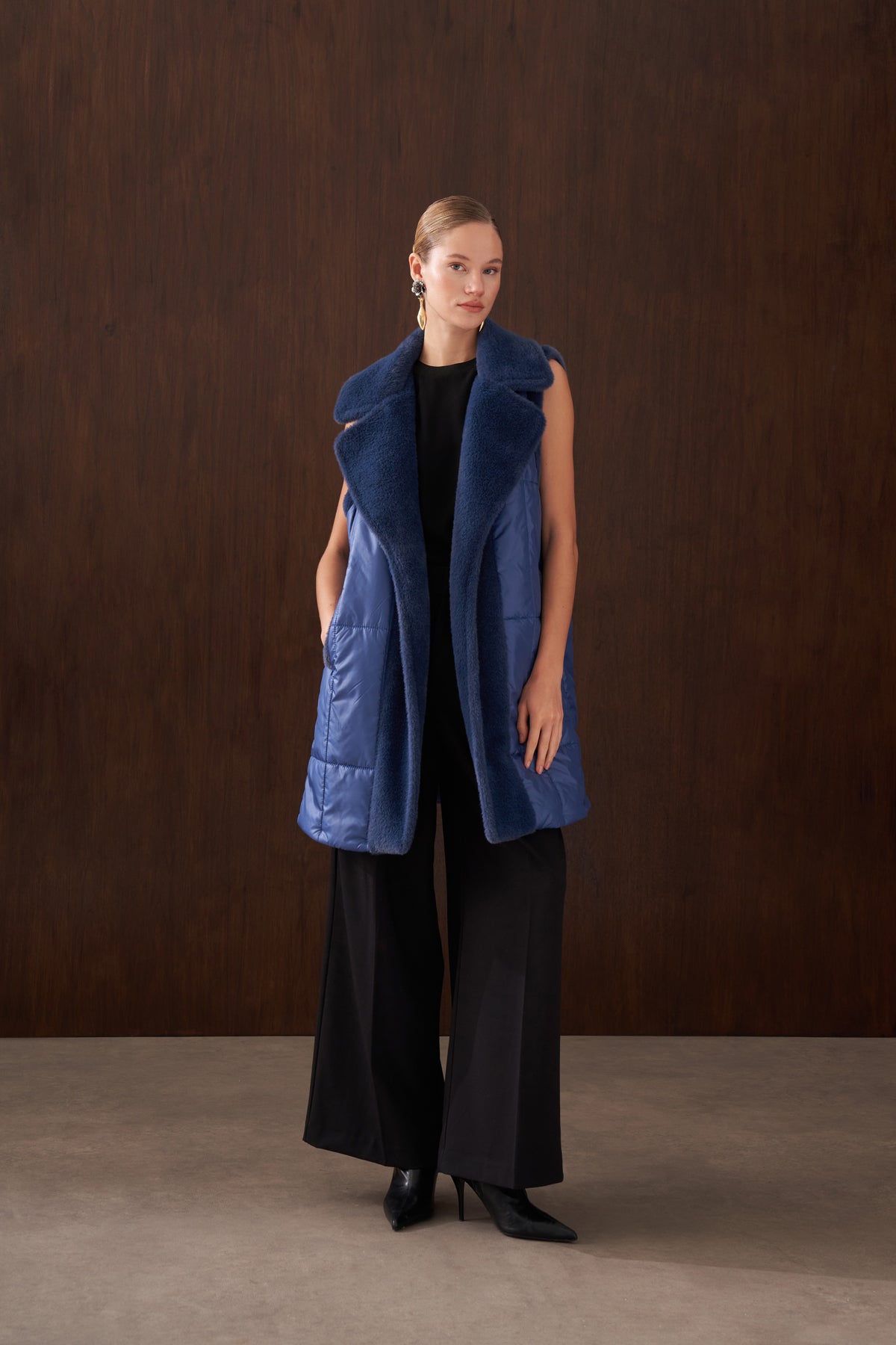 Kapitone ve Angora Kombinli Yelek - indigo